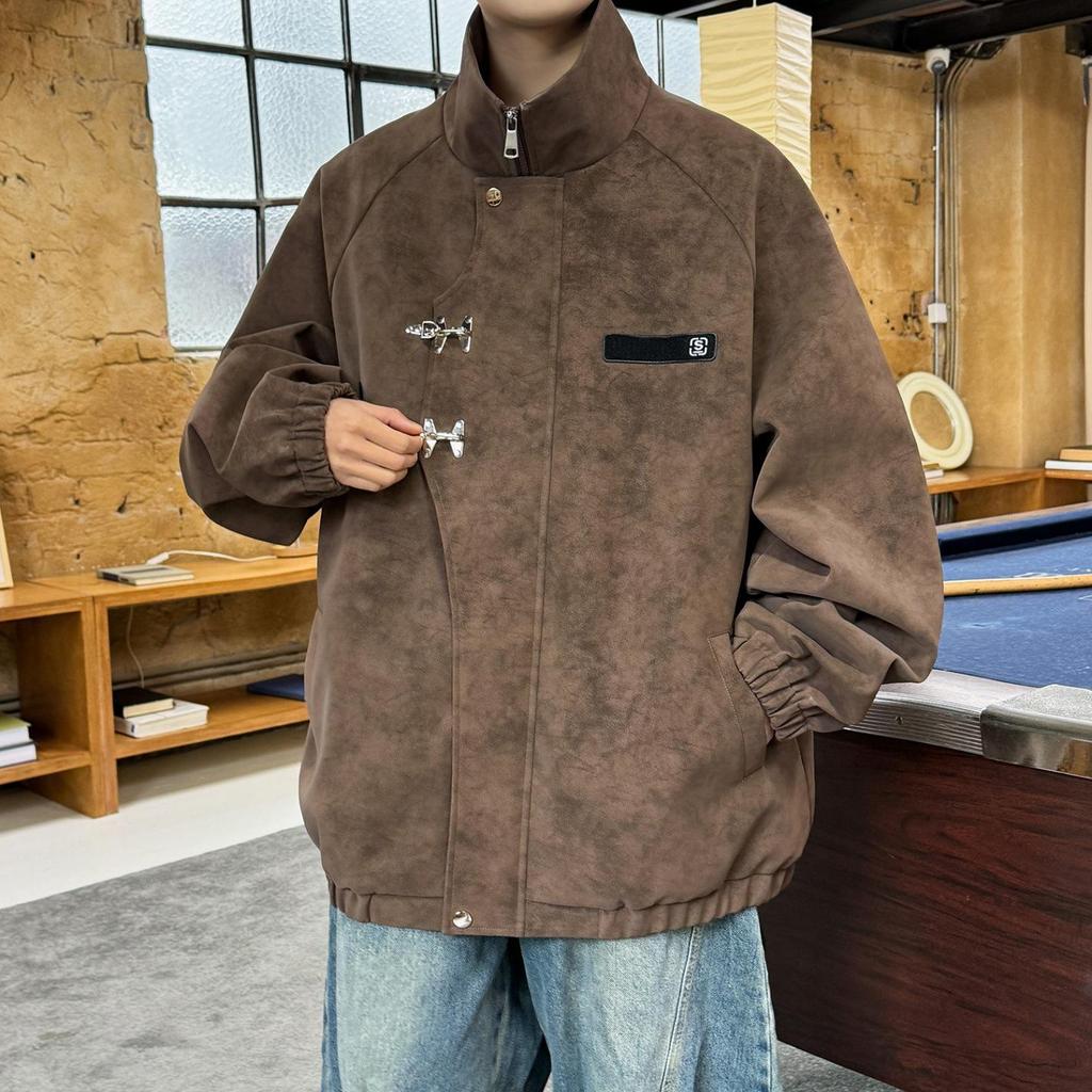 Men's Retro Tie-Dye PU Leather Jacket with Metal Airplane Buckle and Stand Collar - Autumn/Winter Outerwear