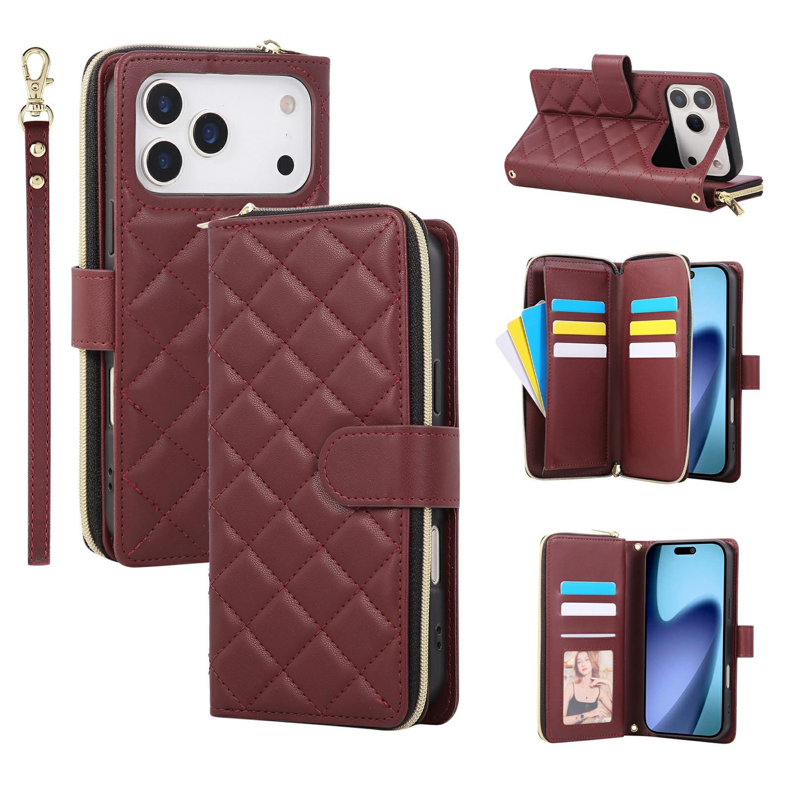 

For iPhone 17 Pro Max Case Zipper Wallet Rhombus PU Leather Crossbody Phone Cover Wine Red