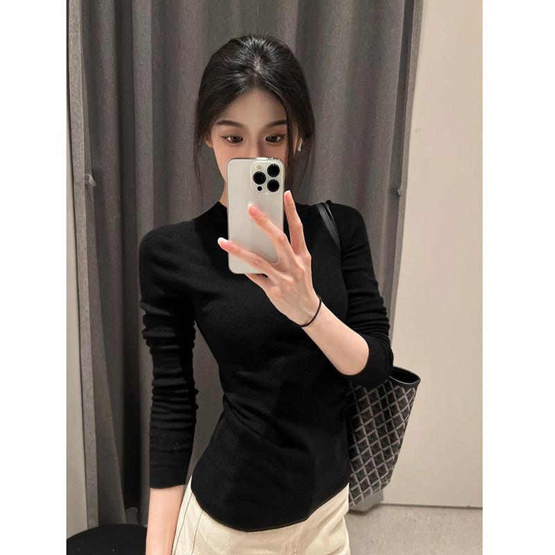 

Модная и тонкая трикотажная базовая футболка с круглым вырезом высокого класса женская весенняя простая внутренняя майка минималистичный свитер L чёрный