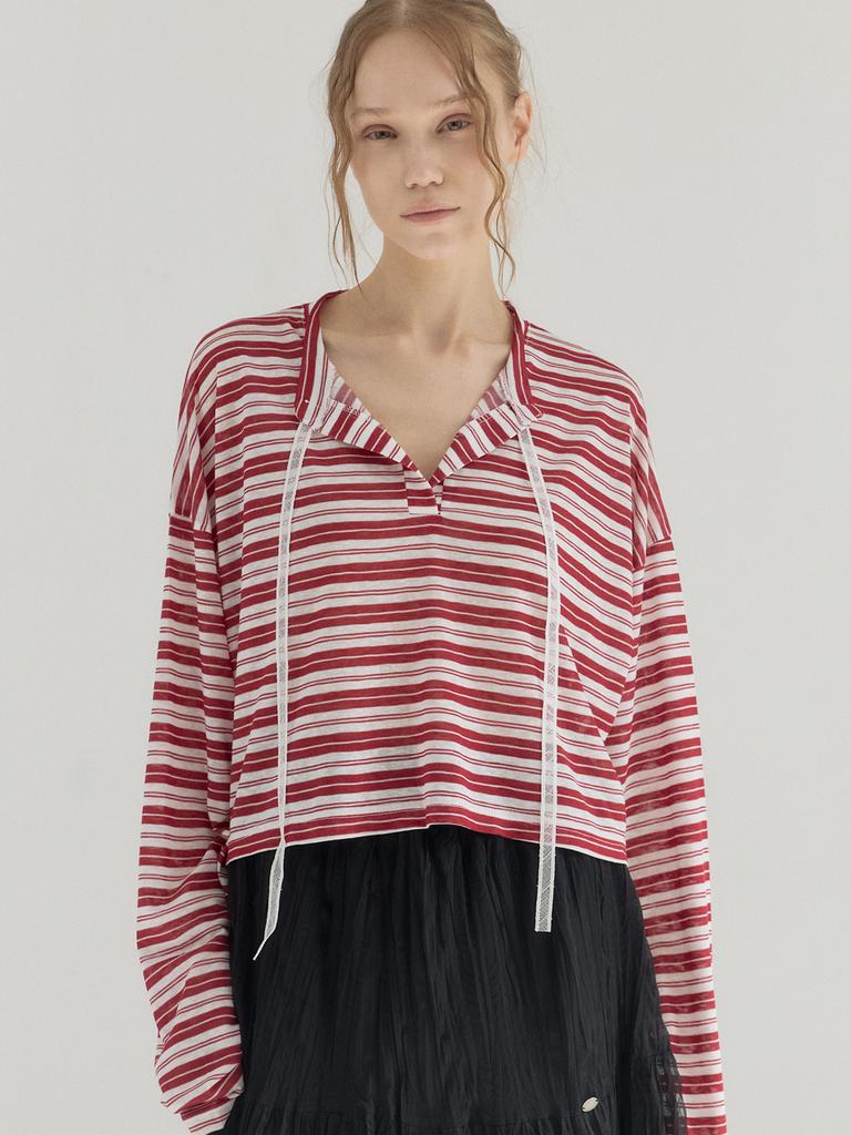 SORRY, TOO MUCH LOVE Cropped Stripe Loose Fit Collar Top_Red