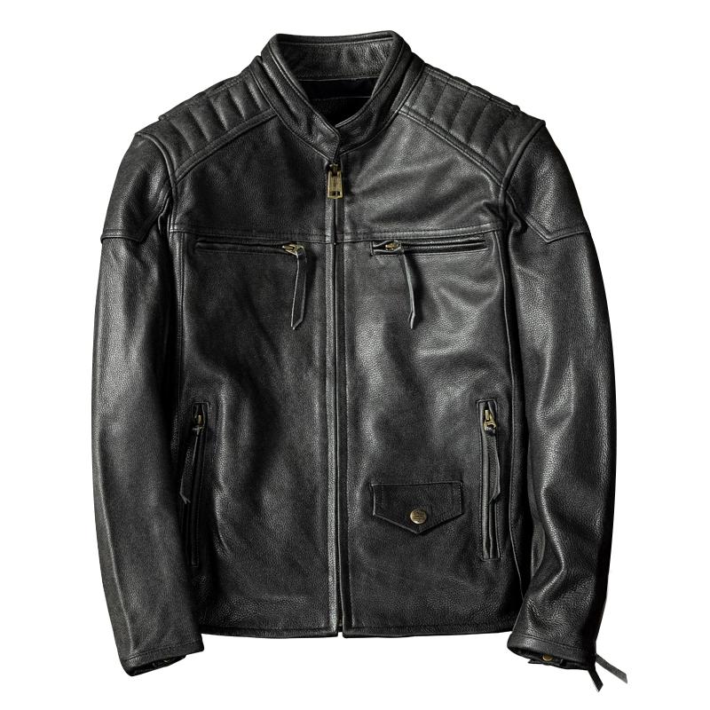 Genuine Leather Motorcycle Jacket Men Vintage Biker Coat Real Cowhide Outerwear