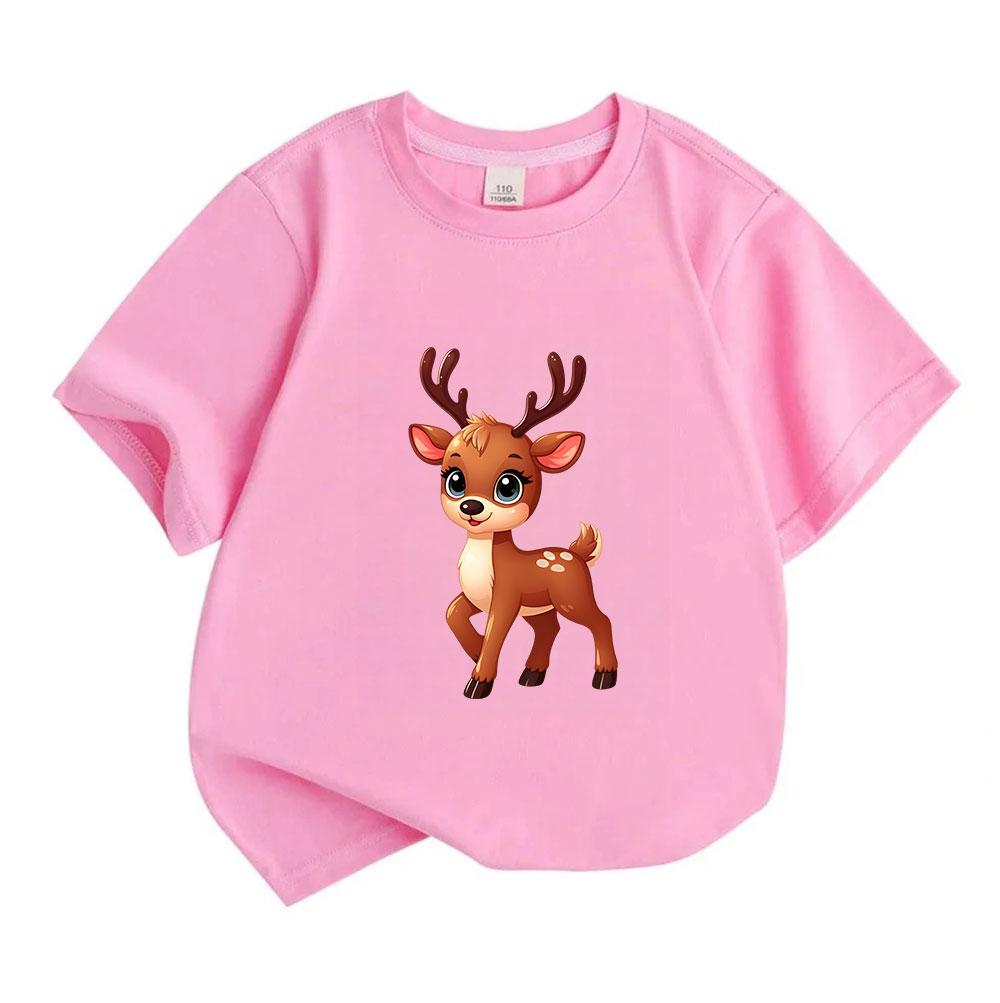Cartoon Cute Little Deer Printed Kids 100% Cotton Crew Neck Short Sleeve T-Shirt Casual Soft Breathable Tee for Boys Girls Daily Wear Holiday Gift Top