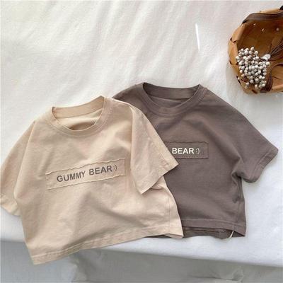Camiseta de algodón puro para niños, de verano, de manga corta, holgada, con parches de letras coreanas, para niños y niñas, camisetas casuales para bebés