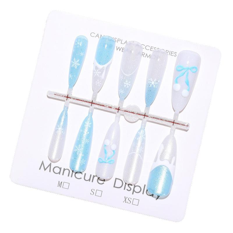 Winter Romance Snowflake Bow Almond Cat Eye Nail Stickers - 30 Pieces