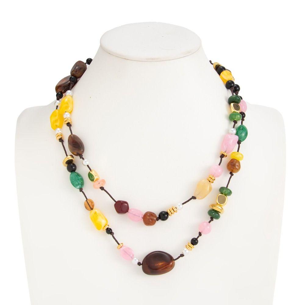 Colorful Vintage Necklace Irregular Bead Rope Chain Choker Double Layers Necklace  Women Girls