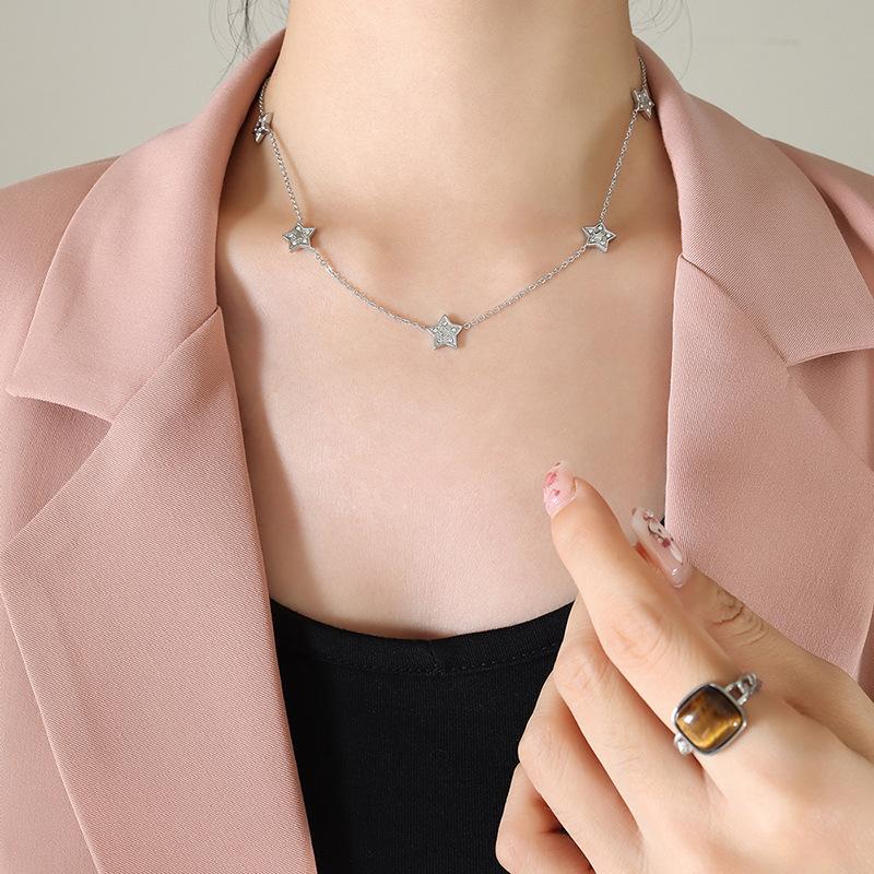 Pentagram Inkrustowany Cyrkoniami Niszowy Słodki Naszyjnik Bransoletka Stal Tytanowa Platerowana 18K Złotem Zestaw Biżuterii