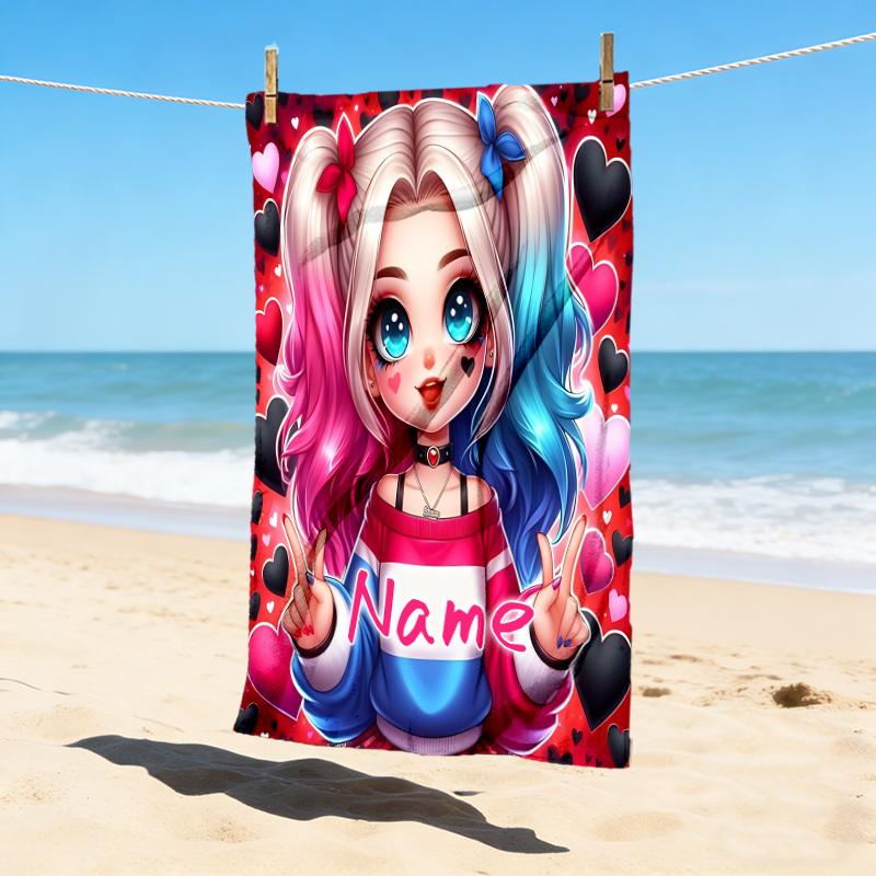 Custom Name Harley Quinn Art Stylish Digital Printing Beach Towel Quick‑Drying Absorbent Blanket for Beach Pool Gym Travel
