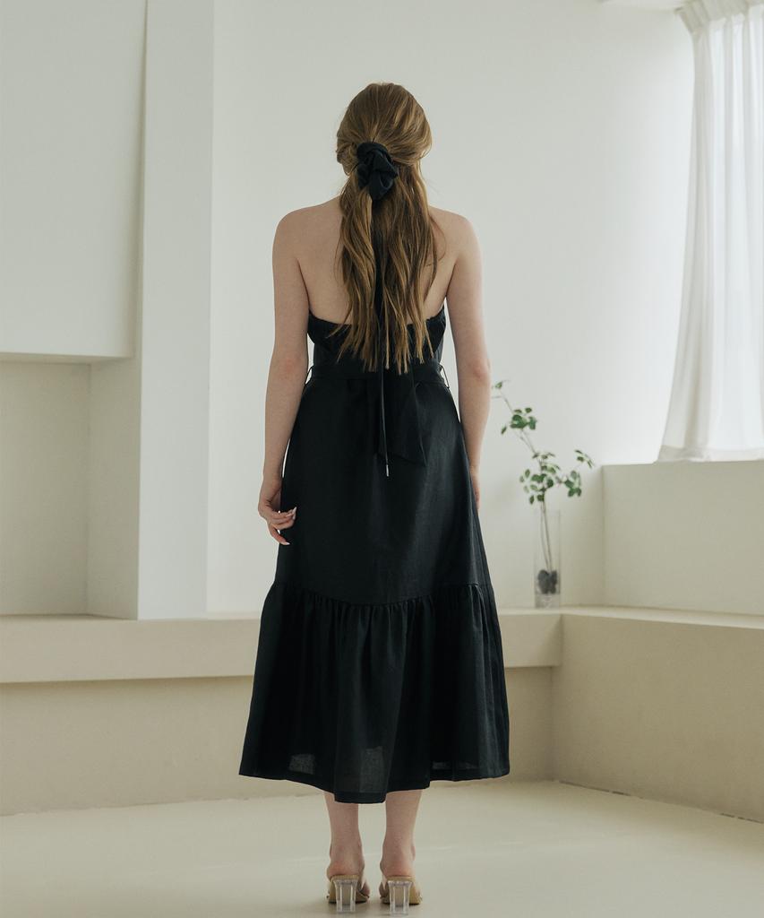 Belrma Black Linen Back-Open Ribbon Halterneck Dress