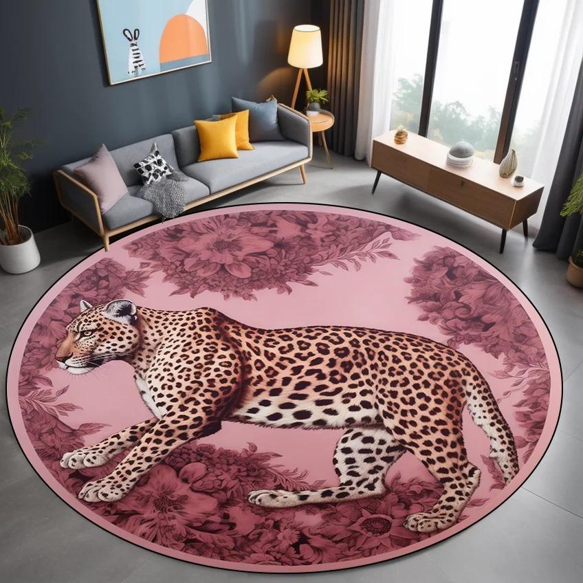 Leopard Pink Round Carpet Vintage Dressing Table Rug Washable Floor Mat for Living Room Bedroom Decor