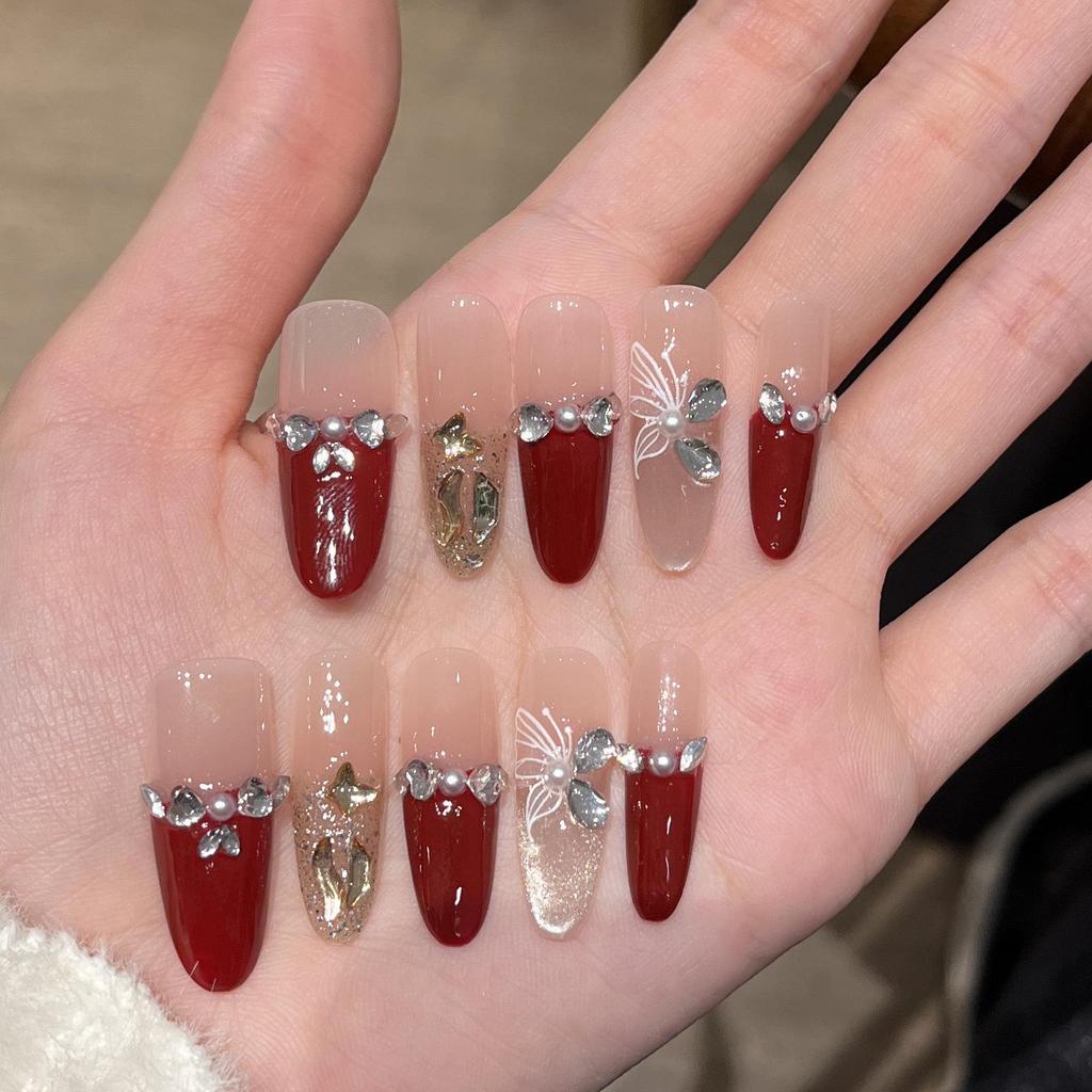 Handmade High-End Red Butterfly French Nails - Detachable Wearable Art Tips for New Year