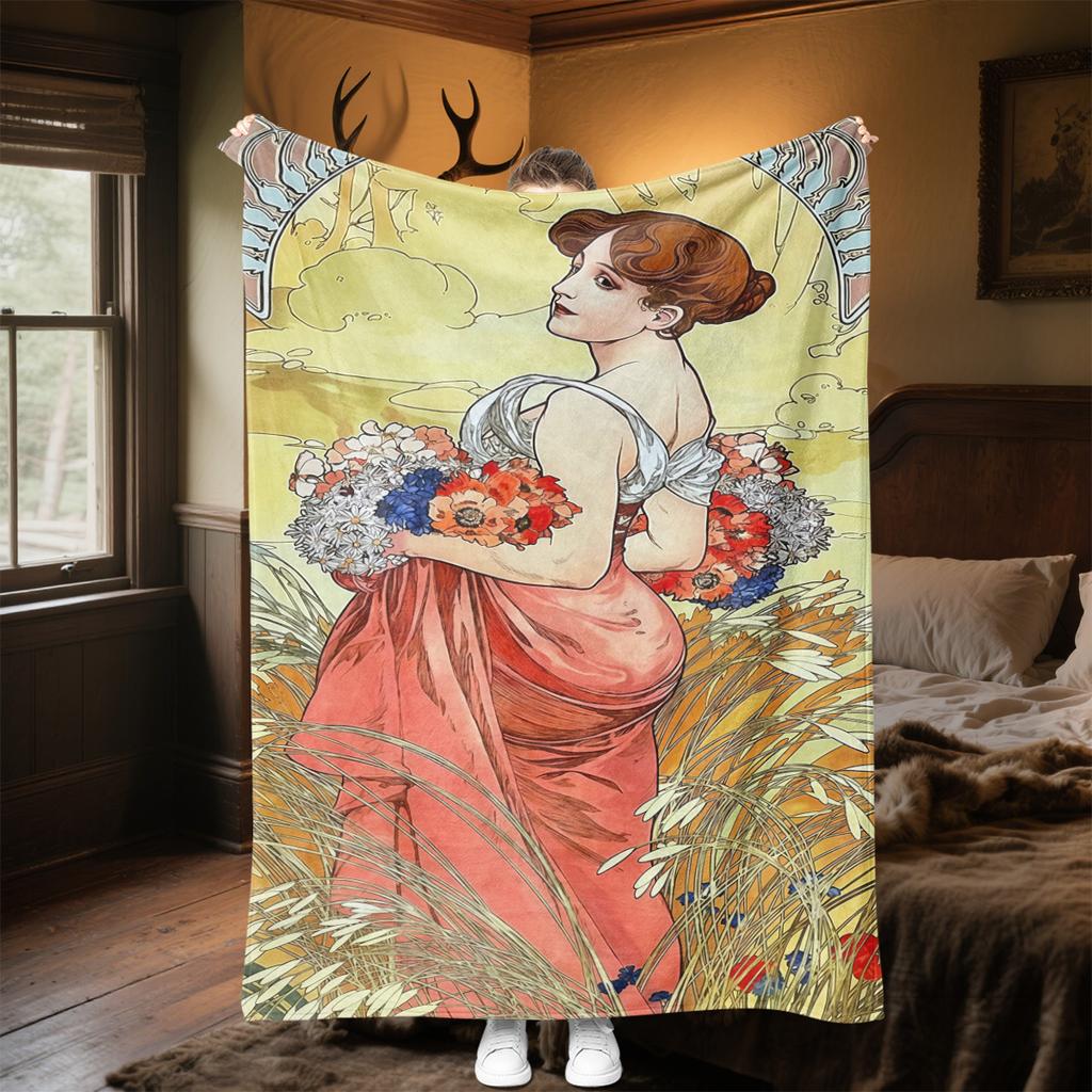 1pc Alphonse Mucha's The Four Seasons blanket, al season lightweigh Poster blanket home office outdoor nap multifunc Poster blanketional blanket