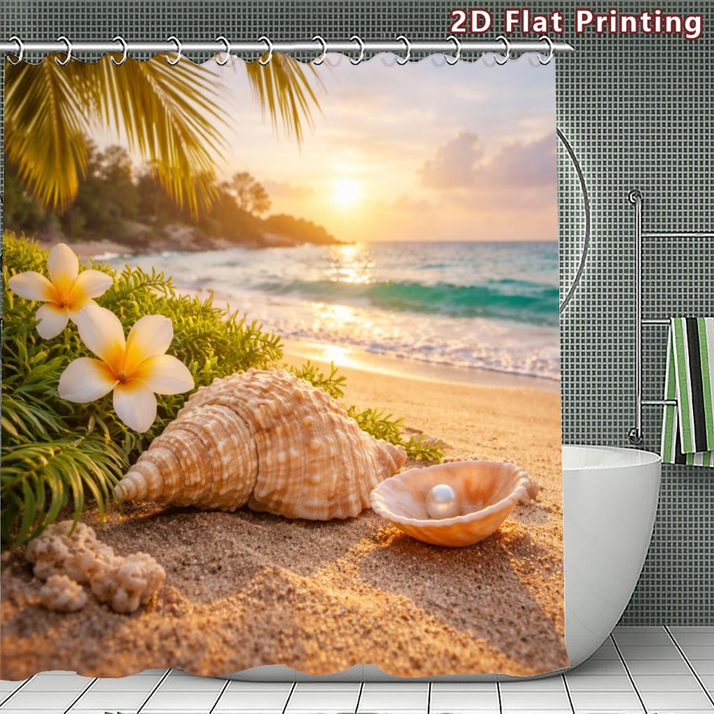 4Pcs Tropical Beach Shower Curtain Set with Non-Slip Bath Mat, Toilet Lid Cover, Contour Rug & 12 Hooks, Bathroom Decor
