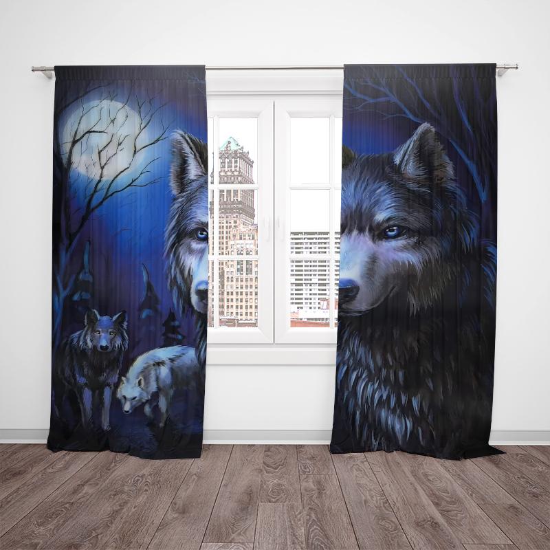2pcs- Round Moon Grey Wolf Polyester curtains, bathroom, bedroom, living room, and home room decorative curtains