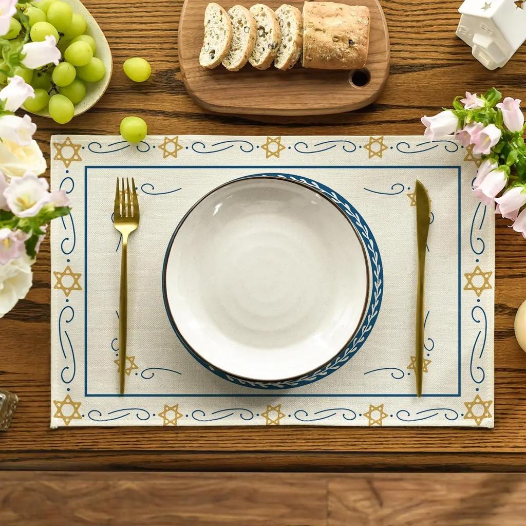 4 Stück Frohes Pessach Leinen-Tischsets Küchentisch-Dekoration Seder-Teller Pessach-Matze Davidstern Jüdische Party-Tischsets Dekoration