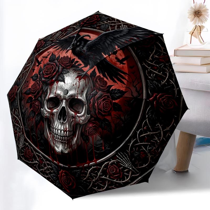 

1pc Sturdy 8-Bone Auto Umbrella, Dark Lion Skull Umbrella, Digital Printed, Foldable Umbrella for On-the-Go Outdoor Use
