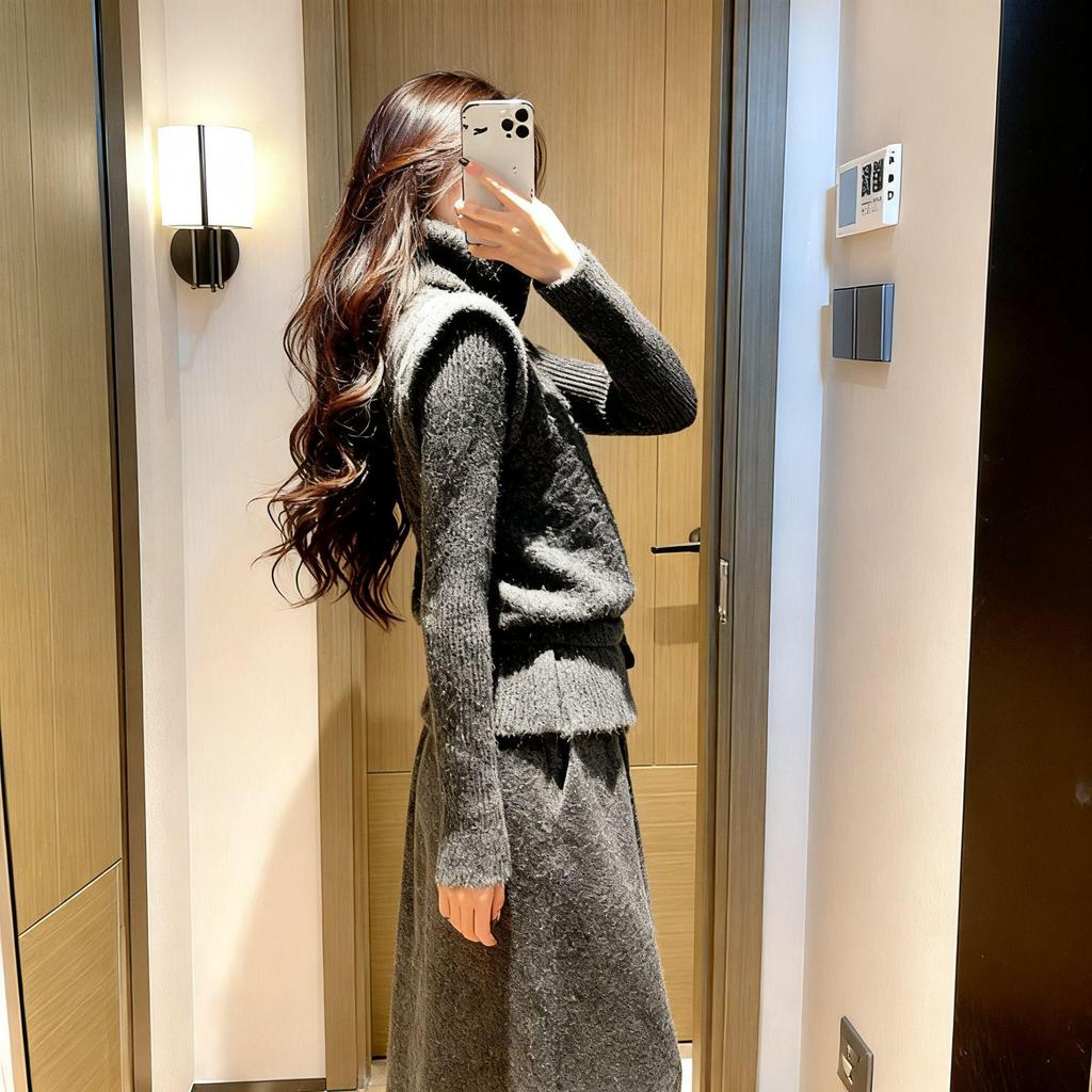 Korean Style Winter Knit Skirt Set: High Neck Fluffy Sweater, Cable Knit Vest, and Skirt Trio