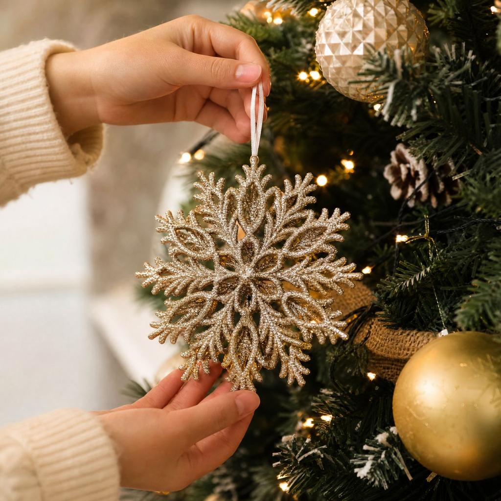 Christmas Tree Ornaments with Gold Glitter Snowflake, 3D Hollow Plastic Double-Sided Christmas Decorations for Holiday Display