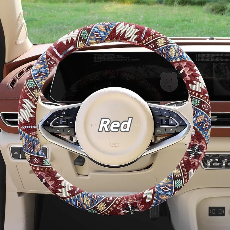Breathable Linen-Feel Steering Wheel Cover, Oriental Ethnic Pattern for 14.5-15 Inch Wheel, Comfort Grip All-Season