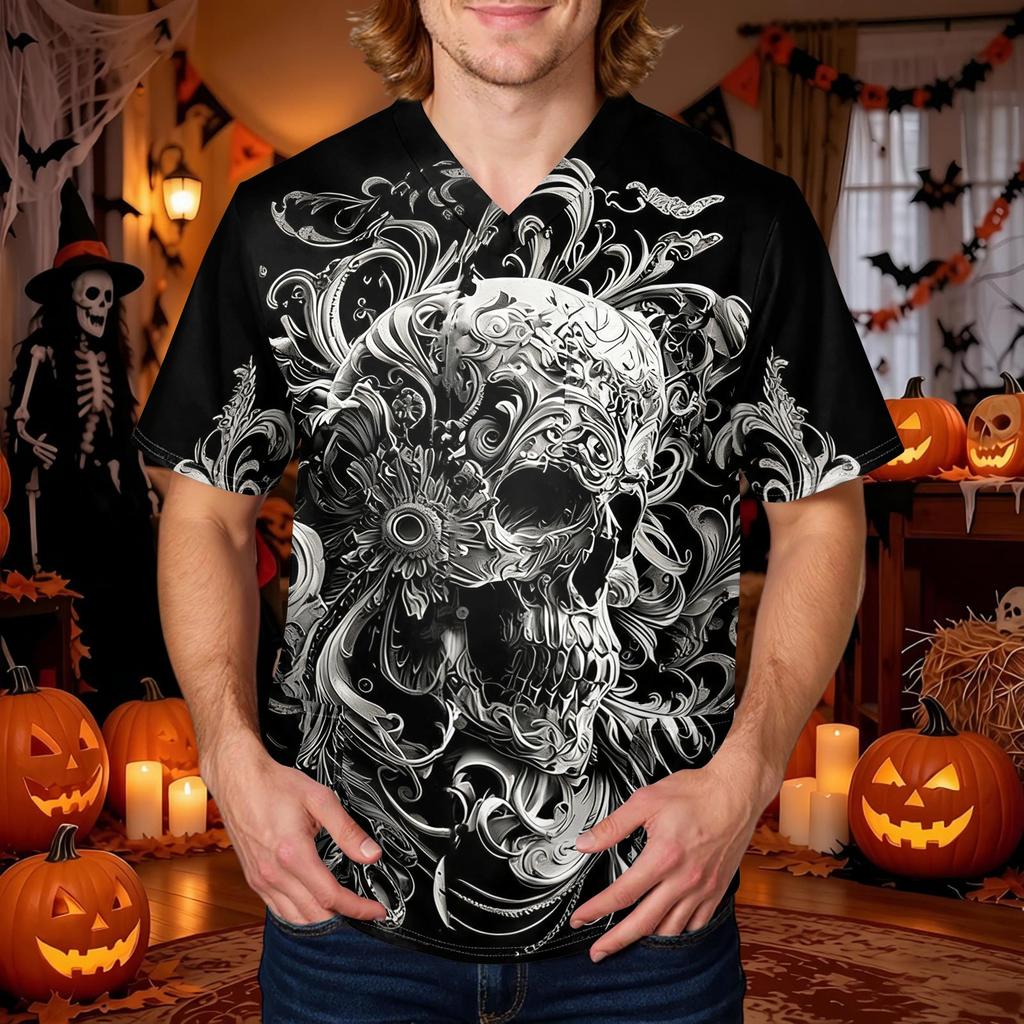 Men's Halloween Printed V-Neck Short Sleeve Scrub Top with Pocket