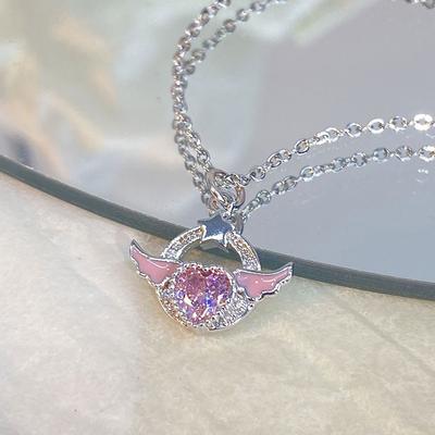 Angel Wings Pink Love Zircon Necklace Elegant Design Wedding  Pendant Clavicle Chain Jewelry Anniversary Gifts
