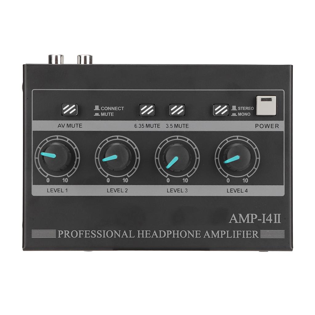 AMP‑14II 4 Channel Headphone Amplifier Compact 4 Way Stereo Headphone Amplifier with 12V 2A Adaptor for Studio Stage