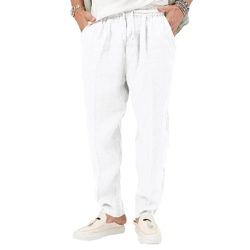 

New Thin Section of Men s Fashion Large Size Solid Colour Leisure Drawstring Cotton Linen Trousers Breathable Trousers M белый