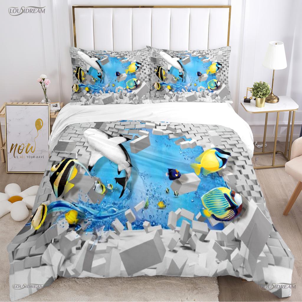 Comforter 3D Ocean World Dolphin Whale Fish Comforter Beding Set Soft And For Single/Double/Queen/King