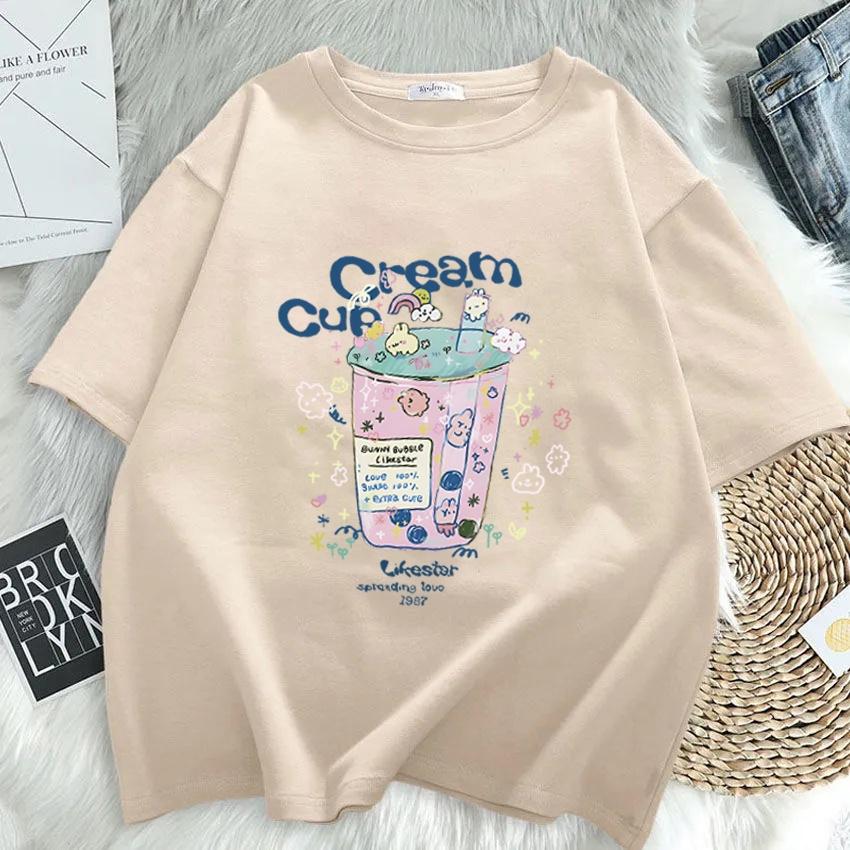 Summer Short Sleeve Tshirt Women Cartoon Print Round Neck Top Fashion Loose Tee