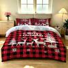 3pcs(1 Bedspread + 2 Pillowcases) Featuring Red and Black Plaid Christmas Elk and Snowflake Pattern Perfect for Home Decorati