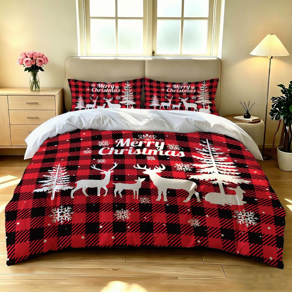 3pcs(1 Bedspread + 2 Pillowcases) Featuring Red and Black Plaid Christmas Elk and Snowflake Pattern Perfect for Home Decorati