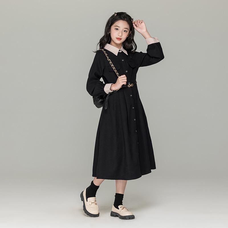 

Girls Mori Color Block Autumn-Winter Dress 2025 - New Hepburn Style Slim Waist Parent-Child Outfit Size 130