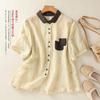 2025 Summer New Printed Cotton and Linen Shirt Women's Loose Polo Neck Patch Pocket Short Sleeve Cardigan Top