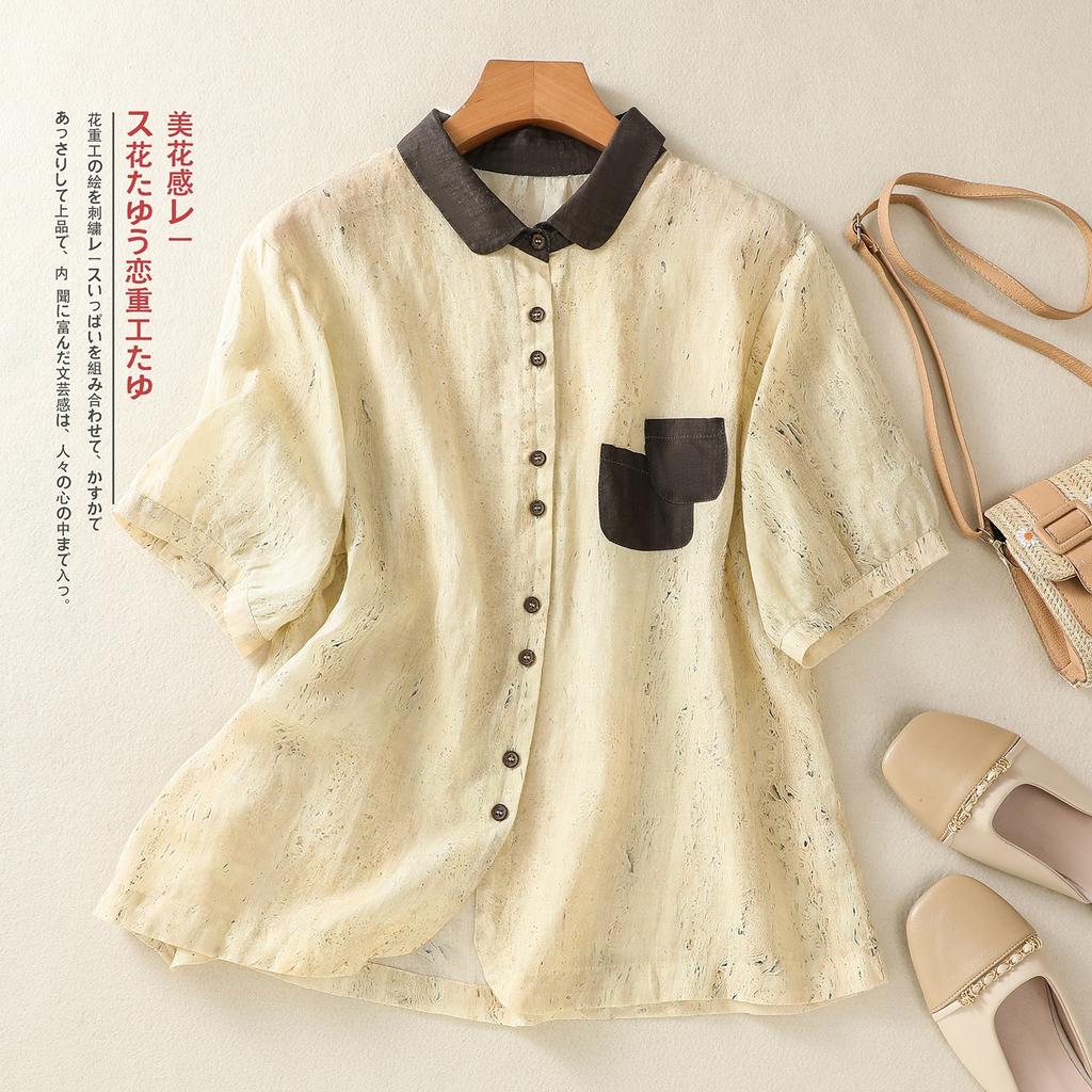 2025 Summer New Printed Cotton and Linen Shirt Women's Loose Polo Neck Patch Pocket Short Sleeve Cardigan Top