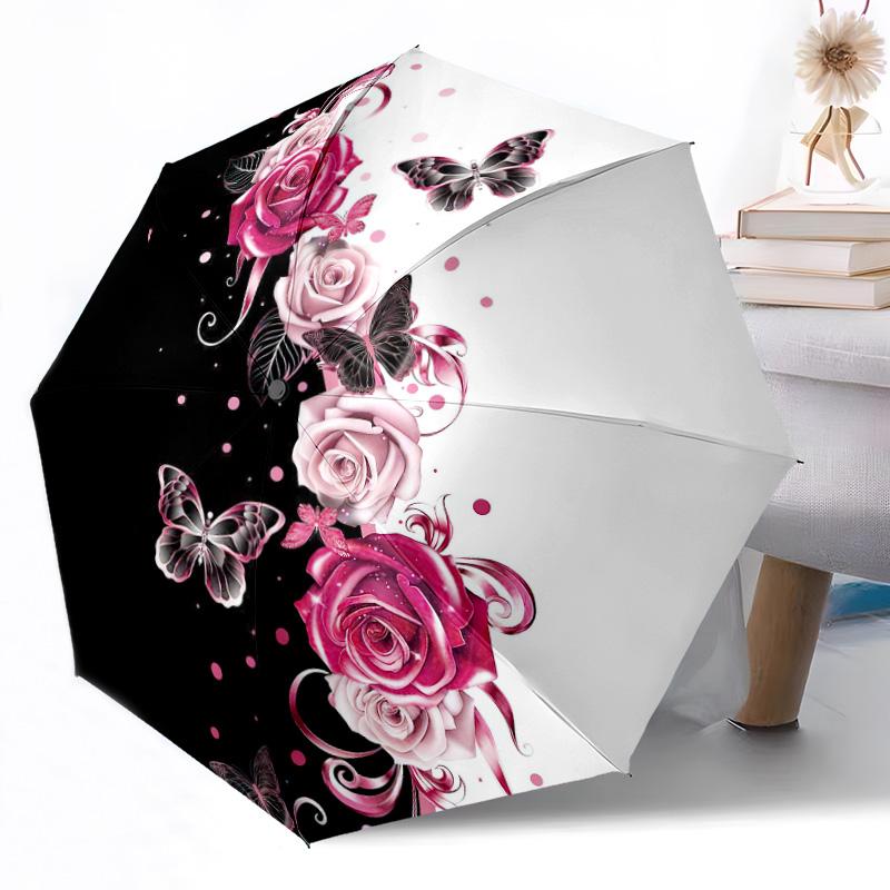 Ombrello Automatico da Esterno con Fantasia di Rose in Fiore Design Retrattile con 8 Stecche Resistenza Leggero Regalo Perfetto per Amici Familiari