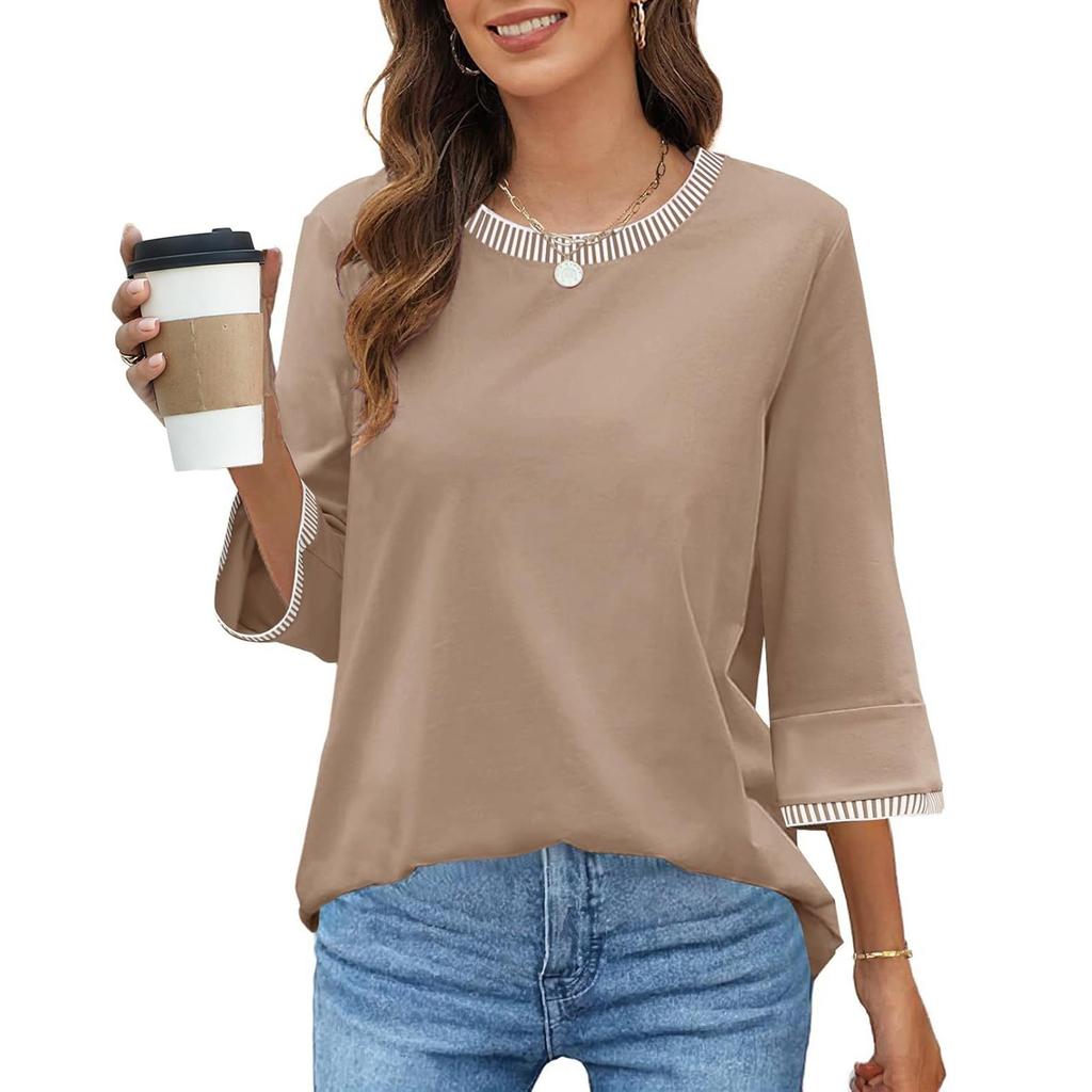 Women's Fashion Loose Round Neck Clashing Colour T-Shirt Seven Sleeve Top