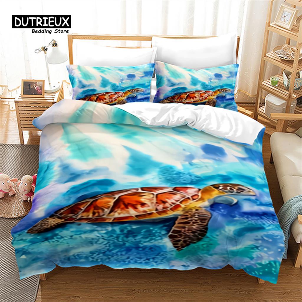 Sea Animal Duvet Cover Octopus Turtle Starfish Queen Bedding Set Microfiber Ocean Life Bedding Set King For Kids Boys Girls Teen