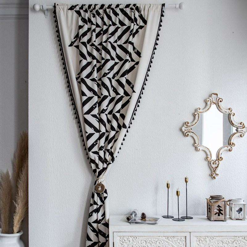 

American Cotton Linen Printing Black Geometric Curtain Semi-shading Kitchen Valance Floating Window Living Room Bedroom Drape W150 x H160cm&Punching