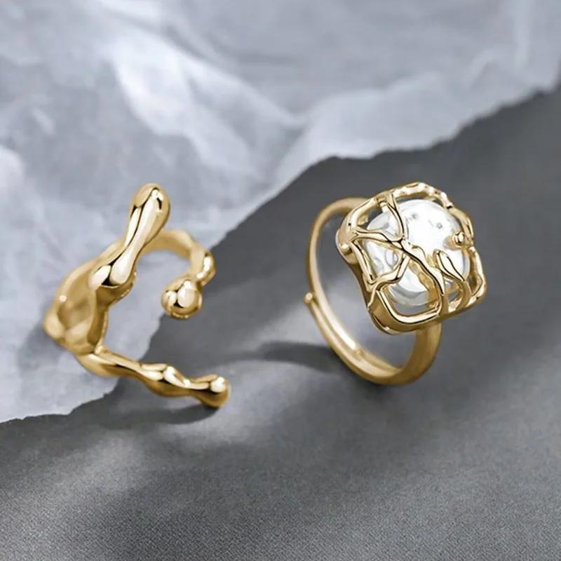 New Irregular Opening Pearl Ring Two-piece Set For Women Fashionable Personalized Daily Accessory Party Jewelry Birthday Gifts