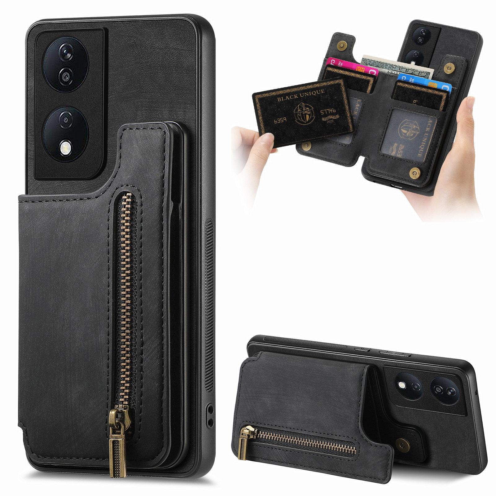 

D15 Для Honor X7b 4G/90 Смарт-чехол с держателем для карт Ретро Кожа+ТПУ Чехол на телефон на молнии Black