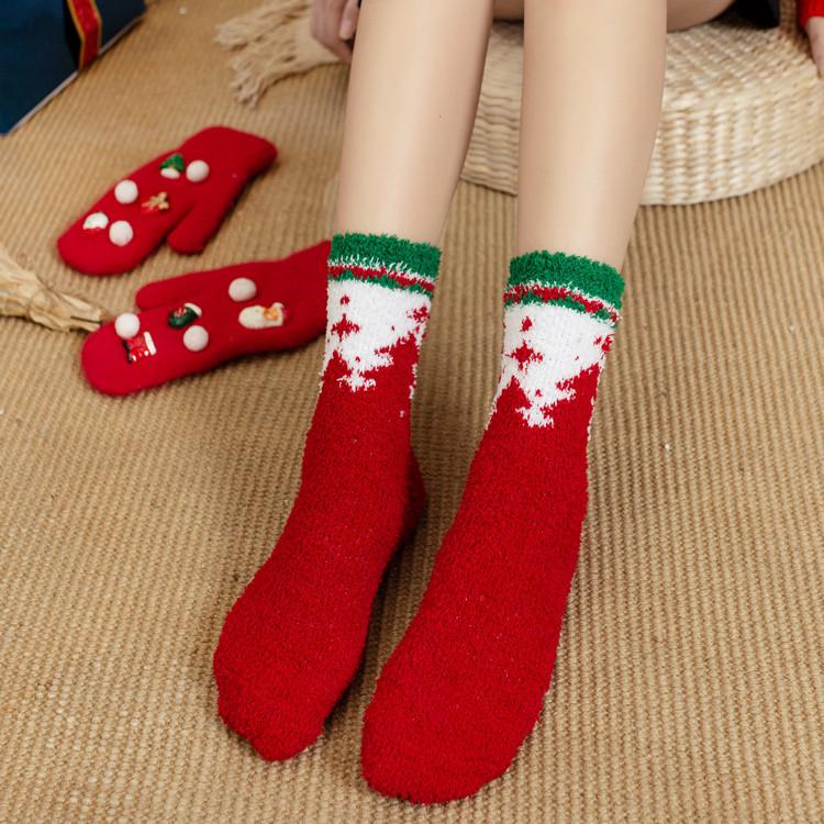 Autumn And Winter Coral Fleece Christmas Women'S Socks Home Heating Floor Socks Chinese New Year Festive Big Red Socks Female Cartoon Elk Socks