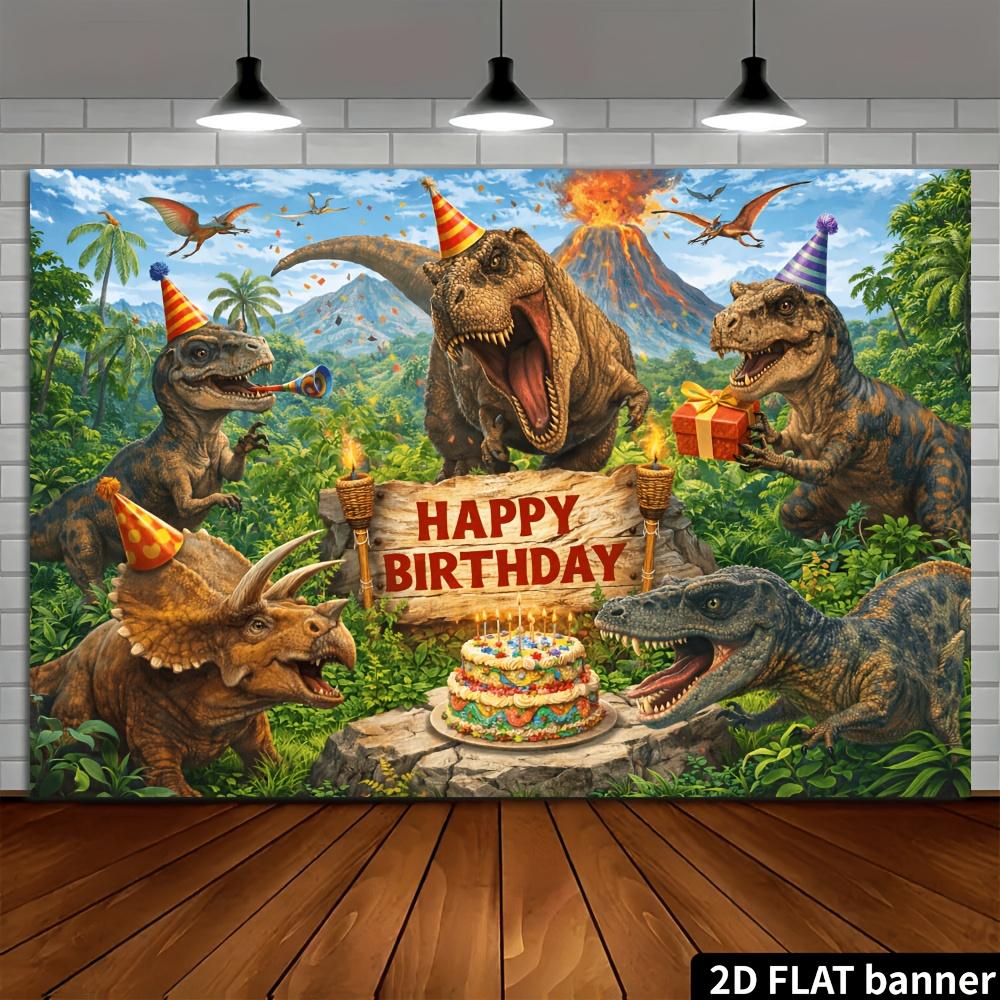 2D plane dinosaur party birthday backdrop Jurassic jungle scene party hat dinosaur and birthday cake 100x150cm