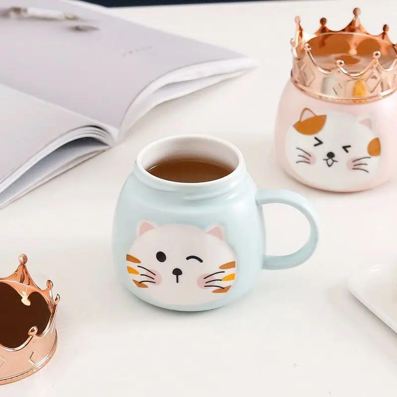 Hrnček s držákem na mobilní telefon ve tvaru korunky, Kreslený keramický hrnek s kočkou, Vysoce hodnotné dívčí sklenice na vodu, Dárkové nápojové nádobí