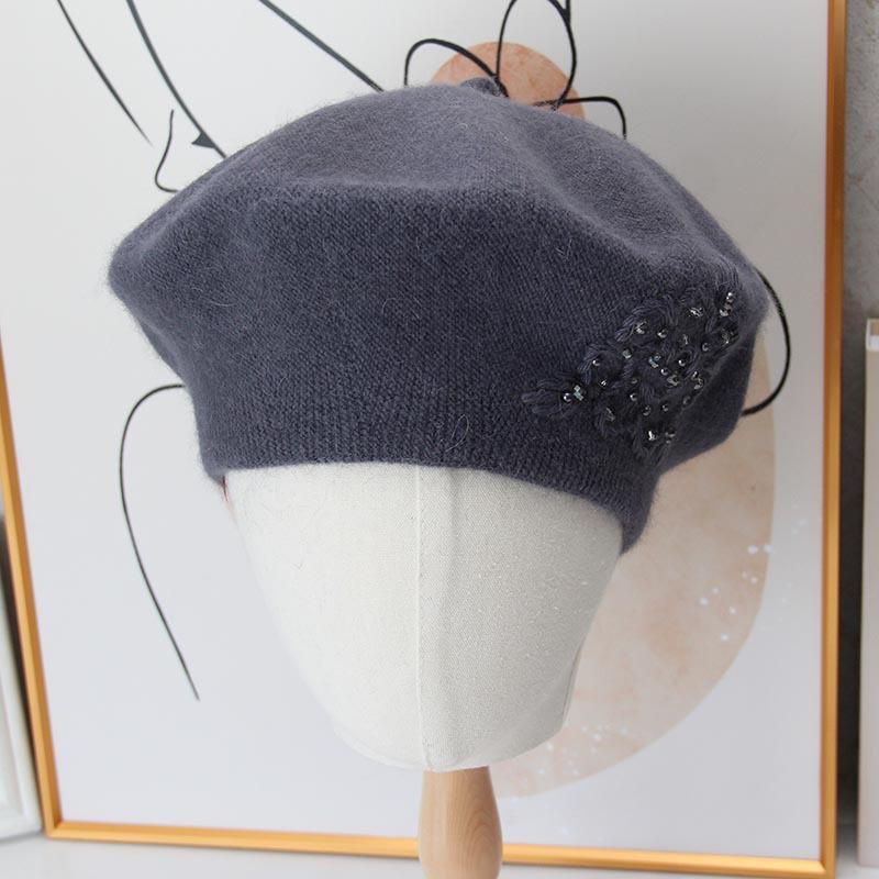 Handmade Beaded Flower Beret Women's Autumn and Winter Rabbit Cashmere Double-layer Knitted Hat Fashionable and Elegant Warm Temperament Thread Hat