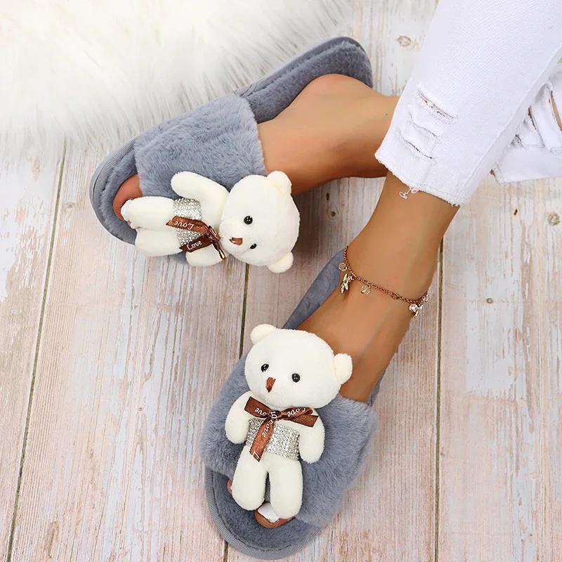 Fashion 2025 Fashion Women Winter House Furry Slippers Cute Bear Decoration Women's Slippers Soft Bottom Indoor Home Slides Mujer
