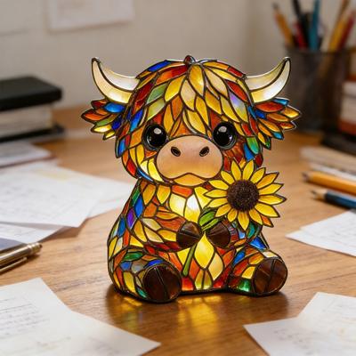 Urocza Krowa Szkocka Lampka Nocna 3D Żywica Witrażowa Krowa Lampa Stołowa Rustykalne Zwierzę Słonecznik Lampka Nocna do Domu Biura Sypialni Salonu Biurka