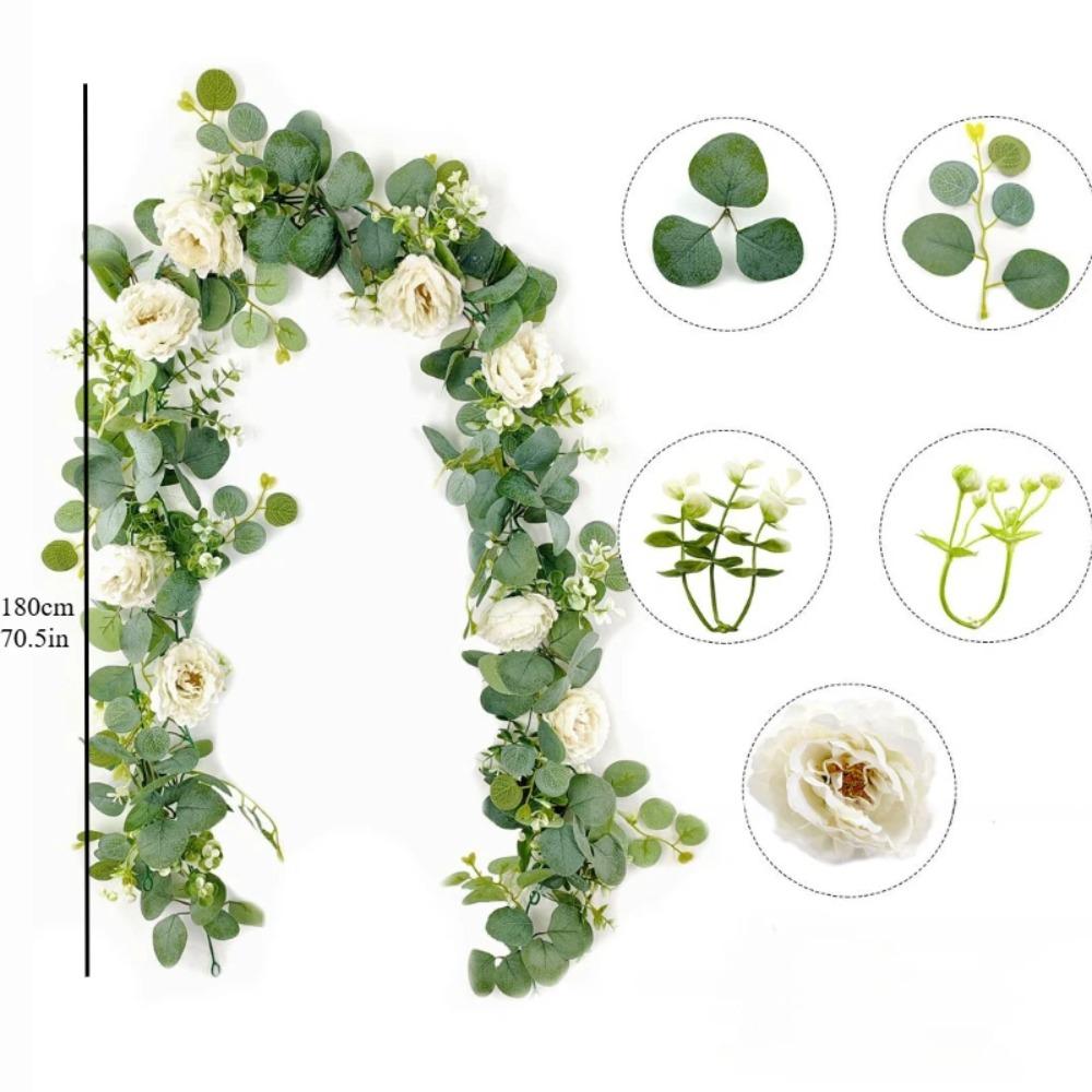 180cm Artificial Eucalyptus Garland With White Flowers For Home Festival Wall Hanging Garden Wedding Backdrop Arch Party Decor