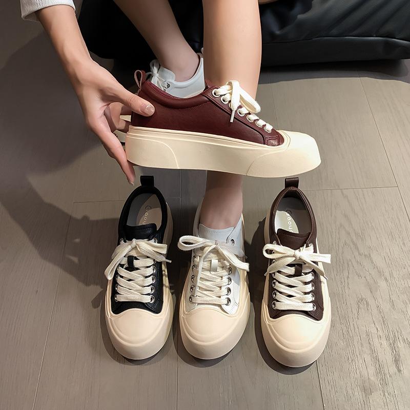 Casual shoes for women 2026 round toe lace up board shoes thick soled white shoes  flat soled single shoes