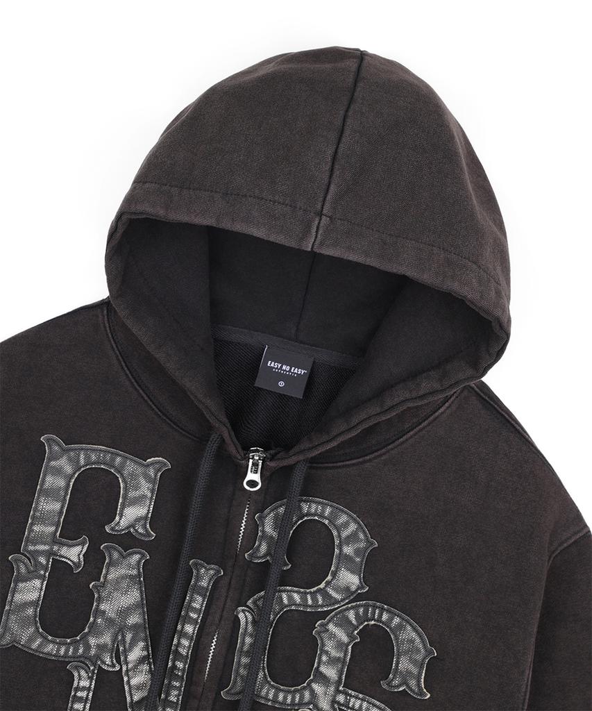 Easy No Easy Washed Leather Patch Zip-Up Hoodie - Black
