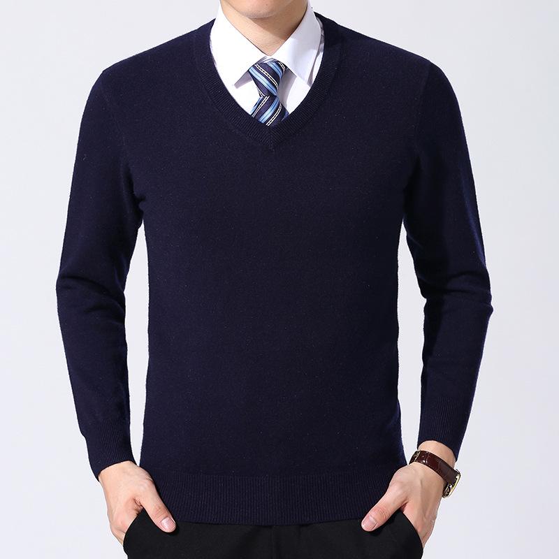 Men's V-Neck Winter Knit Sweater - Middle-Aged Thick & Warm Pullover