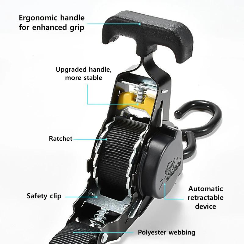 Car Automatic Retractable Tensioning Strap For Cargo Truck Motorcycle Transport Heavy Duty Quick Retract Tangled - Free Webbing